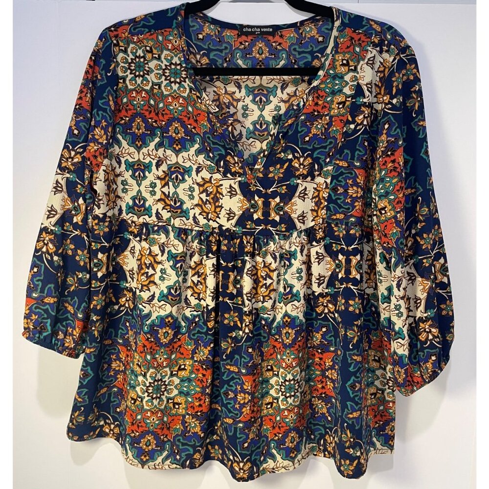 Cha Cha Vente Womens Paisley Babydoll Top Size PM Y2K Boho Fairy Whimsical Artsy